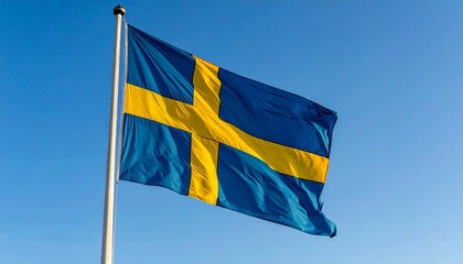 GenerateA vivid image of the Swedish national flag flying on a flagpole against a clear blue sky. The flag features a blue field with a golden Scandinavian cross that extends to the edges, withd image