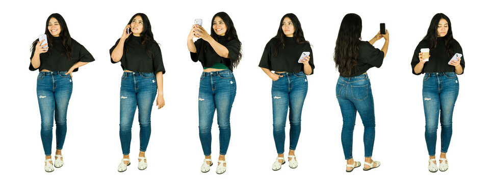 Latin woman using smartphone in various poses - Powered by Adobe