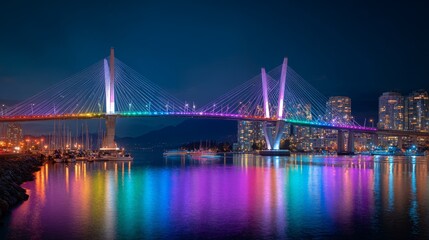Obraz premium A brightly lit, colorful suspension bridge spans water at night, reflecting vibrant hues in the calm surface. City lights sparkle in the background
