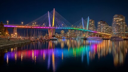 Illuminated cable-stayed bridge arches over water, reflecting vibrant colors onto the calm surface, city lights in background