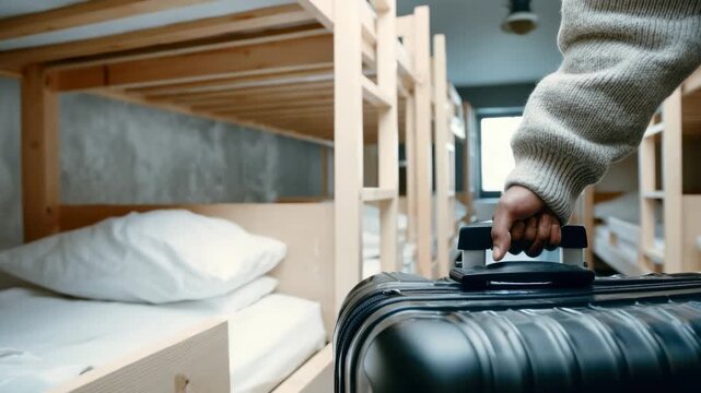 Traveling solo with a suitcase in a shared accommodation space during evening hours