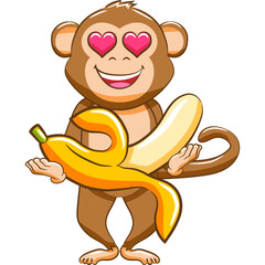 A Cute Pixel Art Monkey With Heart Eyes Holding a Peeled Banana With a Transparent Background