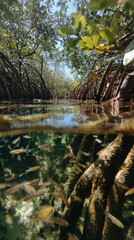 Mangrove swamp view, split between above and below water, teeming with small fish