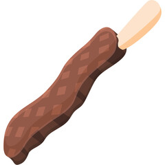 A Dark Brown Beef Skewer Treat With A Textured Pattern And A Light Brown Stick Handle On A White Background Isolated