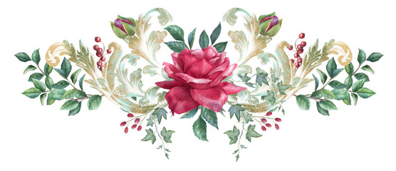 Fototapeta premium Watercolor red rose frame, gothic floral arrangement, vampire flower PNG border, isolated image with transparent backdrop 