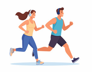 Fototapeta premium Illustration of a man and woman jogging together in athletic wear against a plain white background with a dynamic and energetic mood.