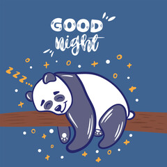 Cute sleeping panda on a branch with text "Good Night" cartoon illustration for posters,child room,banners or greeting card