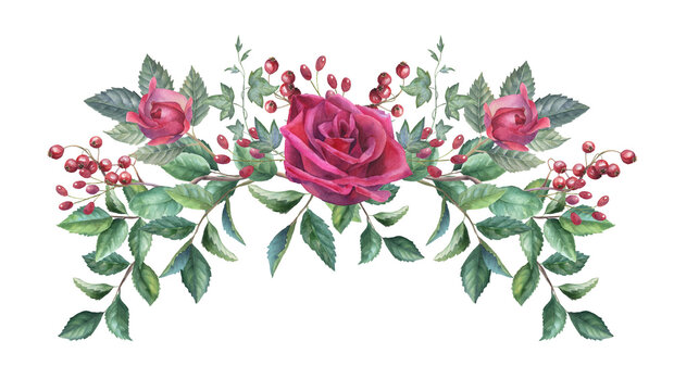 Watercolor red rose frame, gothic floral arrangement, vampire flower PNG border, isolated image with transparent backdrop 