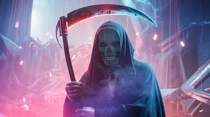 Grim reaper with futuristic glowing scythe standing in digital storm, neon smoke, cyber background
