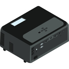 Obraz premium A dark gray digital projector with multiple input ports and vents sits on a transparent background showcasing its detailed design and technology.