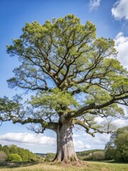 MATURE ANCIENT OAK TREE STANDING ALONE IN A SERENE FOREST