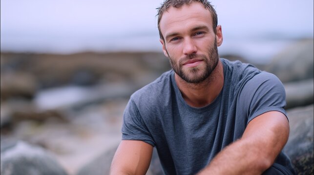 Confident man sitting by the beach
