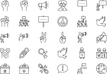 Protest, activism line icon set. Vector pictograms of raised fists, placard, march, demonstration, civil rights, freedom of speech thin linear illustration.