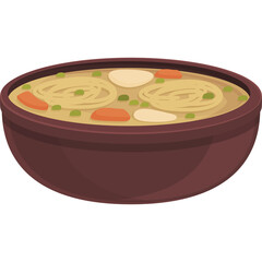 A Deep Brown Bowl Filled With Hearty Noodle Soup Featuring Carrots Peas And Creamy Broth Illuminated By Soft Lighting