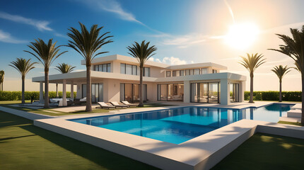 Fototapeta premium Modern Luxury Home Poolside Oasis with Palm Trees in Sunny Florida