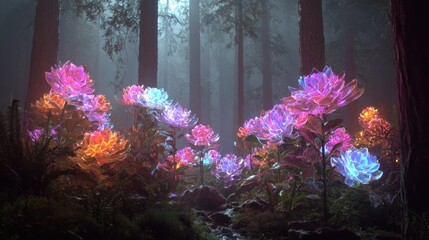 Mystical glowing flowers in a fog-shrouded forest