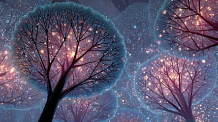 Mystical glowing trees in a dreamy forest