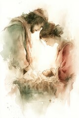 Gentle Nativity Scene on White Linen Background.