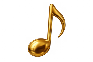 Shiny golden quaver musical note symbolizing sound, melody, and rhythm, displayed with a reflective gold sheen. Background is see-through