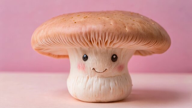 Pastel pink mushroom with big smile and blushing cheeks on white background