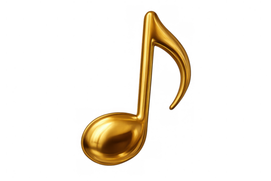 Shiny golden quaver musical note symbolizing sound, melody, and rhythm, displayed with a reflective gold sheen. Background is see-through