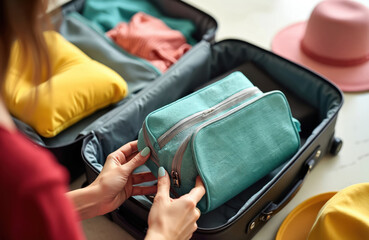 Woman packs travel bag with clothes and cosmetic case. She prepares for holiday trip, putting items into suitcase for vacation adventure. Getaway packing process.