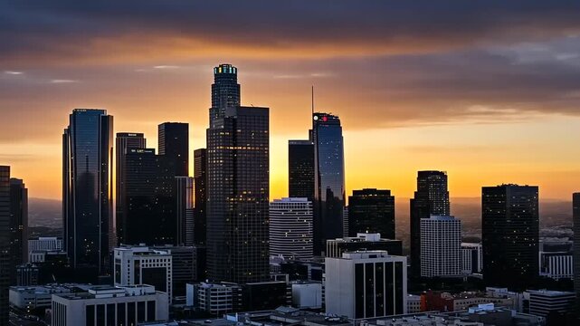 Downtown Los Angeles Skyline at Sunset with Dramatic Clouds.