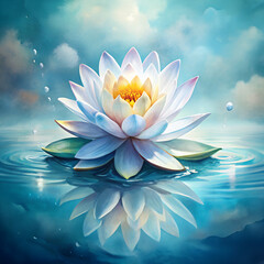A beautiful watercolor painting of a delicate lotus flower with soft petals floating peacefully on shimmering, rippling water.