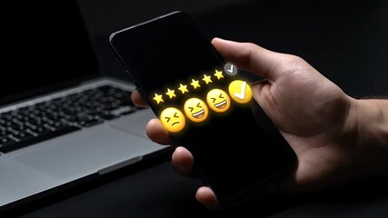 Customer feedback survey on a smartphone screen held by a hand with star ratings and emojis representing satisfaction levels next to a laptop in a dark room - Powered by Adobe
