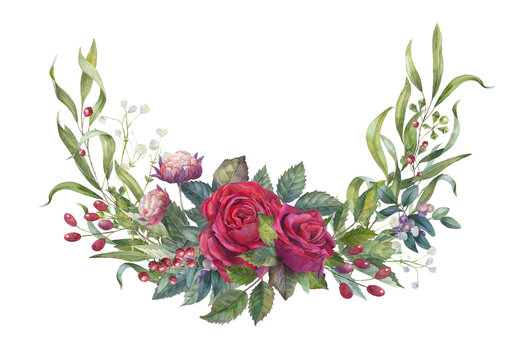 Watercolor red rose frame, floral arrangement, PNG border, isolated image with transparent backdrop  - Powered by Adobe
