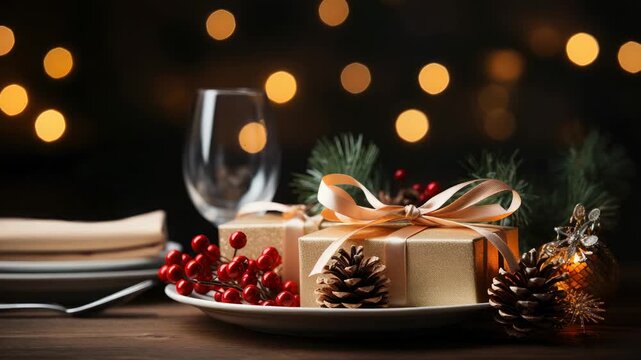 Festive dinner setup with beautifully wrapped gifts and elegant table decorations for a holiday celebration