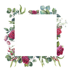 Watercolor red rose frame, floral arrangement, PNG border, isolated image with transparent backdrop 