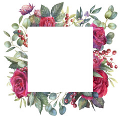 Watercolor red rose frame, floral arrangement, PNG border, isolated image with transparent backdrop 