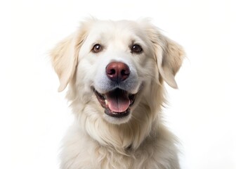 Happy white dog with big smile and floppy ears on a plain white background