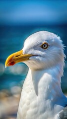 Obraz premium A close-up shot of a seagull's sharp beak with feathers ruffled by ocean breeze