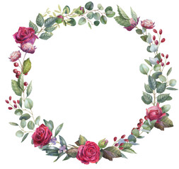 Watercolor red rose frame, floral arrangement, PNG border, isolated image with transparent backdrop 