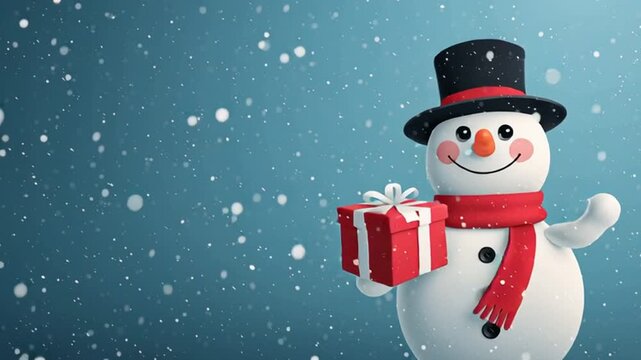 Adorable personaje de dibujos animados en 3d, mu&ntilde;e&ntilde;co de nieve jugando con una caja de regalo con cinta blanca con fondo de cielo azul nevando con suelo blanco de nieve