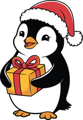 Penguin wearing Santa hat holding gift box vector