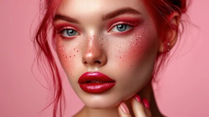 Stunning beauty close-up with vibrant makeup and playful colors featuring a model with pink hair