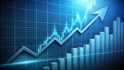A stock market graph displaying upward trend with arrow indicating growth and increasing values