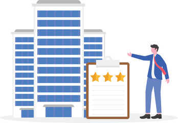 Businessman observing book with star symbol near office building illustration of studying guidelines for improving business company quality standards
