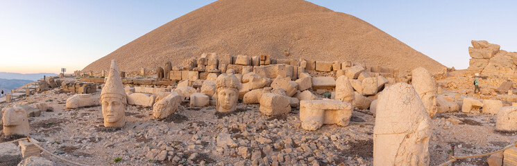Panoramic view of the west terrace of Mount Nemrut at sunset