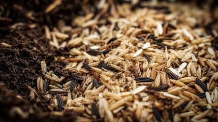 Fototapeta premium Rice seeds and dark soil texture
