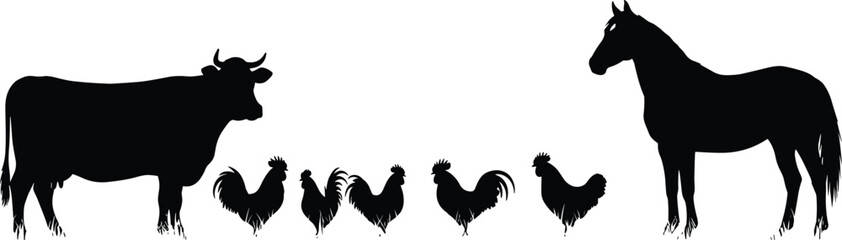 Farm animals silhouette, cow rooster horse, rural livestock vector, black animal icons, agriculture illustration, cad drawing flat vector illustration