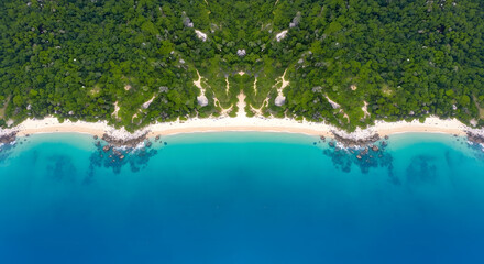 Tropical Beach Paradise Aerial View of Turquoise Waters and Lush Greenery