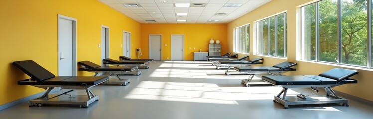 Bright therapy room with yellow walls and numerous treatment tables. Large windows let in sunlight, showing greenery outside. Clean modern space for rehabilitation and exercise.