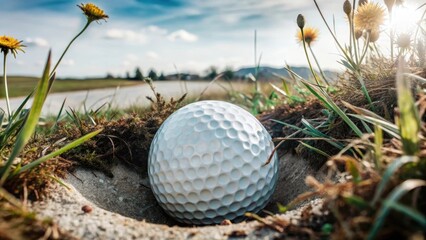 A solitary golf ball half-buried in a lush green meadow amidst tall grass and wildflowers