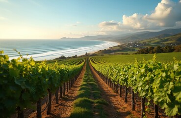 Naklejka premium Vineyard rows stretch toward ocean waves under clear sky. Green vines grow on hilly terrain near coastal town and calm sea. Peaceful natural landscape.