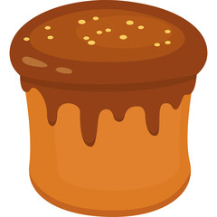 Cartoon illustration of a frosted cake with dripping chocolate icing and sprinkles on a transparent background