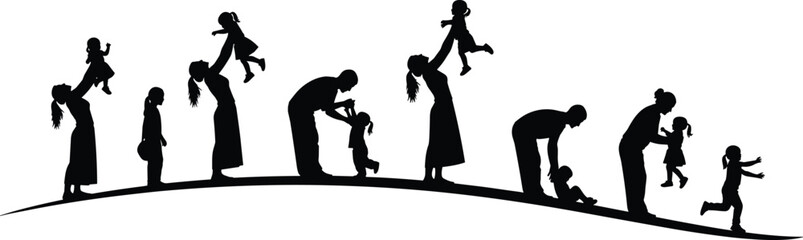 Parent and child silhouette vector, family bonding stages, parenting concept, black flat design, cad drawing, emotional growth illustration